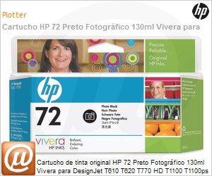 C9370A - Cartucho de tinta original HP 72 Preto Fotogrfico 130ml Vivera para DesignJet T610 T620 T770 HD T1100 T1100ps T1120 T1120ps T1200 T1200ps T2300 T2300ps