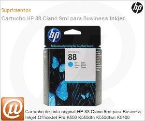 C9386AL - Cartucho de tinta original HP 88 Ciano 9ml para Business Inkjet OfficeJet Pro K550 K550dtn K550dtwn K5400 K5400tn K5400dtn K8600 K8600dn L7580 L7590 L7680 L7780