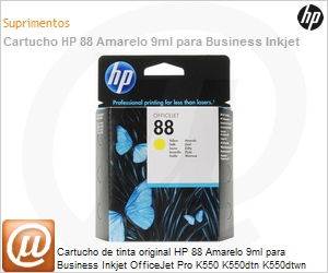 C9388AL - Cartucho de tinta original HP 88 Amarelo 9ml para Business Inkjet OfficeJet Pro K550 K550dtn K550dtwn K5400 K5400tn K5400dtn K8600 K8600dn L7580 L7590 L7680 L7780
