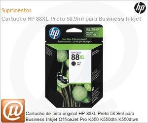 C9396AL - Cartucho de tinta original HP 88XL Preto 58.9ml para Business Inkjet OfficeJet Pro K550 K550dtn K550dtwn K5400 K5400tn K5400dtn K8600 K8600dn L7580 L7590 L7680 L7780