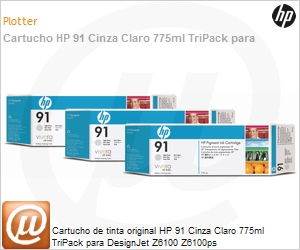 C9482A - Cartucho de tinta original HP 91 Cinza Claro 775ml TriPack para DesignJet Z6100 Z6100ps