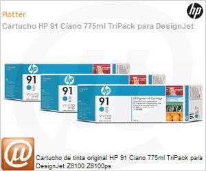 C9483A - Cartucho de tinta original HP 91 Ciano 775ml TriPack para DesignJet Z6100 Z6100ps