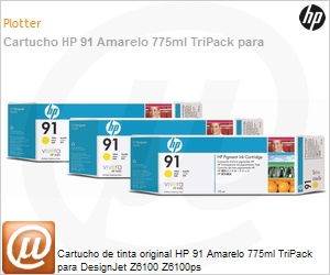 C9485A - Cartucho de tinta original HP 91 Amarelo 775ml TriPack para DesignJet Z6100 Z6100ps