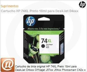 CB336WB - Cartucho de tinta original HP 74XL Preto 18ml para DeskJet D4xxx Offcejet J57xx J64xx Photosmart C42x x C4345 C4380 C4385 C4440 C4450 C4480 C5225 C5240 C5250 C5280 C5580 5345 D5360