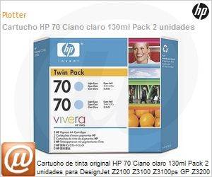 CB351A - Cartucho de tinta original HP 70 Ciano claro 130ml Pack 2 unidades para DesignJet Z2100 Z3100 Z3100ps GP Z3200 Z3200ps Z5200