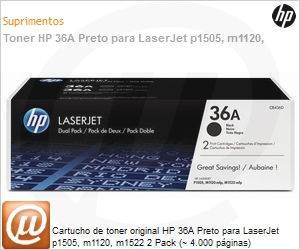 CB436AF - Cartucho de toner original HP 36A Preto para LaserJet p1505, m1120, m1522 2 Pack (~ 4.000 pginas)