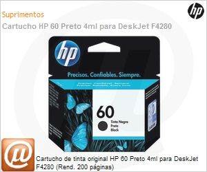CC640WB - Cartucho de tinta original HP 60 Preto 4ml para DeskJet F4280 (Rend. 200 pginas)