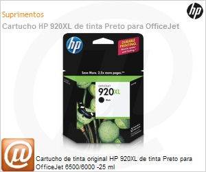 CD975AL - Cartucho de tinta original HP 920XL de tinta Preto para OfficeJet 6500/6000 -25 ml