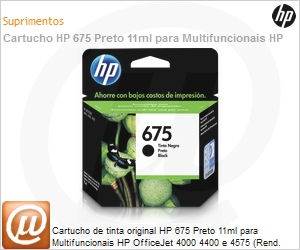 CN690AL - Cartucho de tinta original HP 675 Preto 11ml para Multifuncionais HP OfficeJet 4000 4400 e 4575 (Rend. 600 pginas)