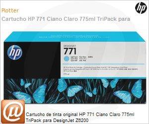 CR255A - Cartucho de tinta original HP 771 Ciano Claro 775ml TriPack para DesignJet Z6200