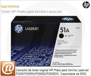Q7551A - Cartucho de toner original HP Preto para famlia LaserJet P3005/P3005N/P3005D/P3005DN. Capacidade de 6500 pginas.
