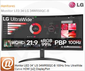34WR50QC-B.AWZM - Monitor 34" LED LG 34WR50QC-B 100Hz 5ms UltraWide Curvo HDMI [x2] DisplayPort 