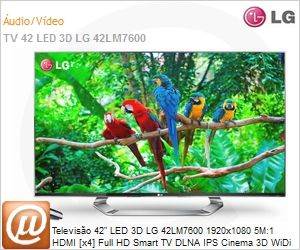 42LM7600 - Televiso 42" LED 3D LG 42LM7600 1920x1080 5M:1 HDMI [x4] Full HD Smart TV DLNA IPS Cinema 3D WiDi culos 3D [x4] Dual Play Magic Remote com Conversor Digital