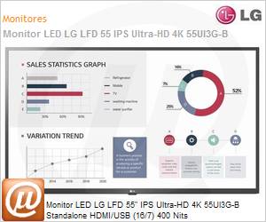55UL3G-B.AWZ - Monitor 55" LED LFD Profissional Digital Signage LG 55Ul3G-B IPS Ultra HD 4K Stand Alone HDMI/USB (16/7) 400 Nits