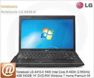 A410-KBE43P1 - Notebook LG A410-K 5400 Intel Core i5-480M (2.66GHz) 4GB 640GB 14" DVD-RW Windows 7 Home Premium 64 Wi-Fi Bluetooth WebCam HDMI GeForce 310M 512MB