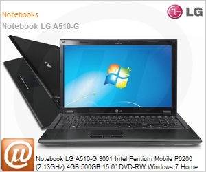 A510-GBC33P1 - Notebook LG A510-G 3001 Intel Pentium Mobile P6200 (2.13GHz) 4GB 500GB 15.6" DVD-RW Windows 7 Home Basic 64 Wi-Fi Bluetooth WebCam HDMI Preto
