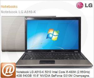 A510-KBE43P1 - Notebook LG A510-K 5010 Intel Core i5-480M (2.66GHz) 4GB 640GB 15.6" NVIDIA GeForce G310M Champagne.