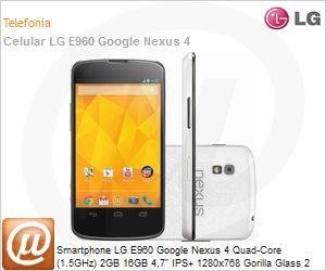 LGE960.ABRAWH - Smartphone LG E960 Google Nexus 4 Quad-Core (1.5GHz) 2GB 16GB 4,7" IPS+ 1280x768 Gorilla Glass 2 Android 4.3 (Jelly Bean) 8MP/1.3MP Wi-Fi N Bluetooth 4.0 3G Desbloqueado Branco