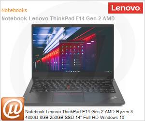 20T7002DBO - Notebook Lenovo ThinkPad E14 Gen2 AMD Ryzen 3 4300U 8GB 256GB SSD M.2 2242 PCIe 3.0x4 NVMe 14" Full HD Windows 10 Pro Wi-Fi 6 Bluetooth 5.1 1 Ano On-Site