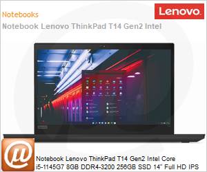 20W100BDBO - Notebook Lenovo ThinkPad T14 Gen2 Intel Core i5-1145G7 11 Gerao (4,4GHz 8MB 4 Ncleos) 8GB DDR4-3200 256GB SSD 14" Full HD IPS Windows 11 Pro VPro 1 Ano OnSite