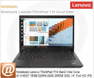 20W100DLBO - Notebook Lenovo ThinkPad T14 Gen2 Intel Core i5-1145G7 11 Gerao (4,4GHz 8MB 4 Ncleos) 16GB DDR4-3200 256GB SSD 14" FHD IPS Windows 11 Pro VPro (Sem RJ45) 1 Ano Premier Suport