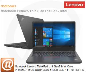 20X2006CBO - Notebook Lenovo ThinkPad L14 Gen2 Intel Core i7-1185G7 16GB DDR4-3200 512GB SSD 14" Full HD IPS Windows 11 Pro VPro 1 Ano OnSite