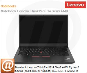 20YD000KBO - Notebook Lenovo ThinkPad E14 Gen3 AMD Ryzen 5 5500U (4GHz 8MB 6 Ncleos) 8GB DDR4-3200MHz 256GB SSD 14" Full HD IPS Windows 11 Pro Wi-Fi 6 Bluetooth 5.2 Fingerprint 1 Ano OnSite