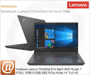 20YD000YBO - Notebook Lenovo ThinkPad E14 Gen3 AMD Ryzen 7 5700U 16GB 512GB SSD PCIe NVMe 14" Full HD Windows 11 Pro Wi-Fi 11ax Bluetooth 5.2 1 Ano On-Site