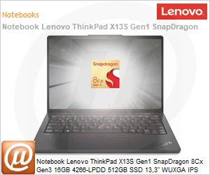 21BY001DBR - Notebook Lenovo ThinkPad X13S Gen1 SnapDragon 8Cx Gen3 16GB 4266-LPDD 512GB SSD 13,3" WUXGA IPS SGRB Windows 11 Pro 3 Anos OnSite (1 Ano Bateria)