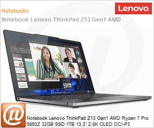 21D3001UBR - Notebook Lenovo ThinkPad Z13 Gen1 AMD Ryzen 7 Pro 6860Z 32GB SSD 1TB 13,3" 2.8K OLED DCI-P3 Multi-toque Windows 11 Pro 3 Anos OnSite (1 Ano Bateria)