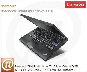 2522-5AP - Notebook ThinkPad Lenovo T410 Intel Core i5-540M (2.40GHz) 2GB 250GB 14.1" DVD-RW Windows 7 Professional Wi-Fi N Bluetooth WebCam NVIDIA