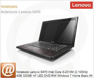 59-313375 - Notebook Lenovo G470 Intel Core i3-2310M (2.10GHz) 4GB 320GB 14" LED DVD-RW Windows 7 Home Basic 64 Wi-Fi N Bluetooth WebCam