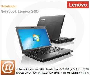 59-328757 - Notebook Lenovo G460 Intel Core i3-380M (2.53GHz) 2GB 500GB DVD-RW 14" LED Windows 7 Home Basic Wi-Fi N Bluetooth WebCam