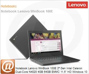 81M8S01500 - Notebook Lenovo WinBook 100E 2 Gen Intel Celeron Dual-Core N4020 4GB 64GB eMMC 11.6" HD Windows 10 Pro + DPK Academic 1 Ano Balco