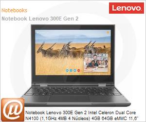 81M90042BR - Notebook Lenovo 300E Gen2 Intel Celeron Dual Core N4100 (1,1GHz 4MB 4 Ncleos) 4GB 64GB eMMC 11,6" HD Windows 10 Home Wi-Fi 11ac Bluetooth 1 Ano Balco