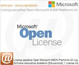 3VU-00073 - Licena perptua Open Microsoft MSDN Platforms All Lng Software Assurance Academic [Educacional] 1 License No Level MSDNPltfrms ALNG SA OLP NL Acdmc (Academic) [Educacional] [QLFD]