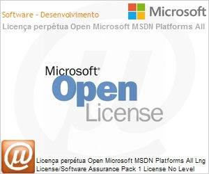 3VU-00077 - Licena perptua Open Microsoft MSDN Platforms All Lng License/Software Assurance Pack 1 License No Level [Qualified] MSDNPltfrms ALNG LicSAPk OLP NL [Qualified] [QLFD]