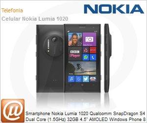 A00014149 - Smartphone Nokia Lumia 1020 Qualcomm SnapDragon S4 Dual Core (1.5GHz) 32GB 4.5" AMOLED Windows Phone 8 Wi-Fi N Bluetooth 4G NFC 41MP USB Preto