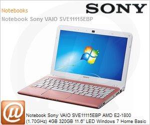 SVE11115EBP - Notebook Sony VAIO SVE11115EBP AMD E2-1800 (1.70GHz) 4GB 320GB 11.6" LED Windows 7 Home Basic 64 Wi-Fi N Bluetooth 4.0 WebCam HDMI Radeon HD 7340 USB 3.0 Rosa