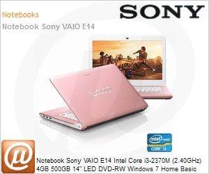 SVE14113EBP - Notebook Sony VAIO E14 Intel Core i3-2370M (2.40GHz) 4GB 500GB 14" LED DVD-RW Windows 7 Home Basic Wi-Fi N Bluetooth 4.0 WebCam HDMI USB 3.0 Rosa