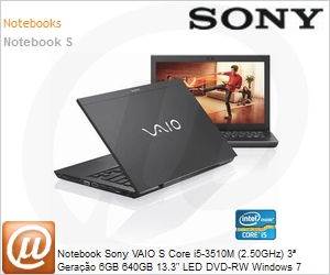 SVS13115FBB - Notebook Sony VAIO S Core i5-3510M (2.50GHz) 3 Gerao 6GB 640GB 13.3" LED DVD-RW Windows 7 Home Premium 64 Wi-Fi N Bluetooth 4.0 HDMI NVIDIA GT640M 1GB FingerPrint USB 3.0 Preto