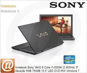 SVS13A17GBB - Notebook Sony VAIO S Core i7-3520M (2.90GHz) 3ª Geração 6GB 750GB 13.3" LED DVD-RW Windows 7 Professional 64 Wi-Fi N Bluetooth 4.0 HDMI NVIDIA GT640M 1GB FingerPrint USB 3.0 Preto