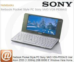 VGN-P630A/G - Netbook Pocket Style PC Sony VAIO VGN-P630A/G Intel Atom Z520 (1.33GHz) 2GB 80GB 8" Windows Vista Home Premium Wi-Fi N Bluetooth WebCam Verde