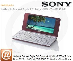 VGN-P630A/R - Netbook Pocket Style PC Sony VAIO VGN-P630A/R Intel Atom Z520 (1.33GHz) 2GB 80GB 8" Windows Vista Home Premium Wi-Fi N Bluetooth WebCam Vermelho