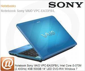 VPC-EA33FB/L - Notebook Sony VAIO VPC-EA33FB/L Intel Core i3-370M (2.40GHz) 4GB 500GB 14" LED DVD-RW Windows 7 Home Premium 64 Wi-Fi N Bluetooth WebCam Azul