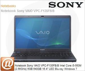 VPC-F135FB/B - Notebook Sony VAIO VPC-F135FB/B Intel Core i5-560M (2.66GHz) 6GB 640GB 16.4" LED Blu-ray Windows 7 Home Premium 64 Wi-Fi N Bluetooth WebCam HDMI Full HD