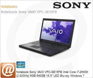 VPC-SE15FB/B - Notebook Sony VAIO VPC-SE15FB Intel Core i7-2640M (2.80GHz) 6GB 640GB 15.5" LED Blu-ray Windows 7 Home Premium Wi-Fi Bluetooth WebCam HDMI Preto