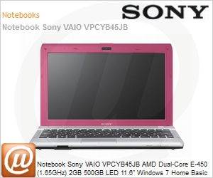 VPC-YB45JB/P - Notebook Sony VAIO VPCYB45JB AMD Dual-Core E-450 (1.65GHz) 2GB 500GB LED 11.6" Windows 7 Home Basic Bluetooth WebCam HDMI Radeon HD 6320 Rosa