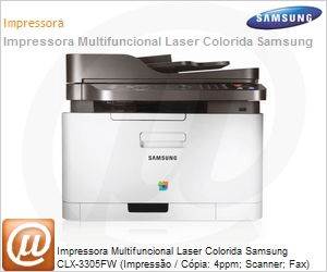 CLX-3305FW/XAZ - Impressora Multifuncional Laser Colorida Samsung CLX-3305FW (Impresso / Cpia: 4ppm; Scanner; Fax) 2400x600dpi Rede Wi-Fi