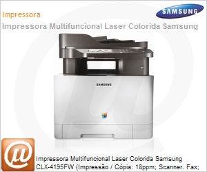 CLX-4195FW/XAZ - Impressora Multifuncional Laser Colorida Samsung CLX-4195FW (Impresso / Cpia: 18ppm; Scanner. Fax; Envio Digital) 9600x600dpi 256MB Rede Wi-Fi N 50.000 f/m com tela de toque